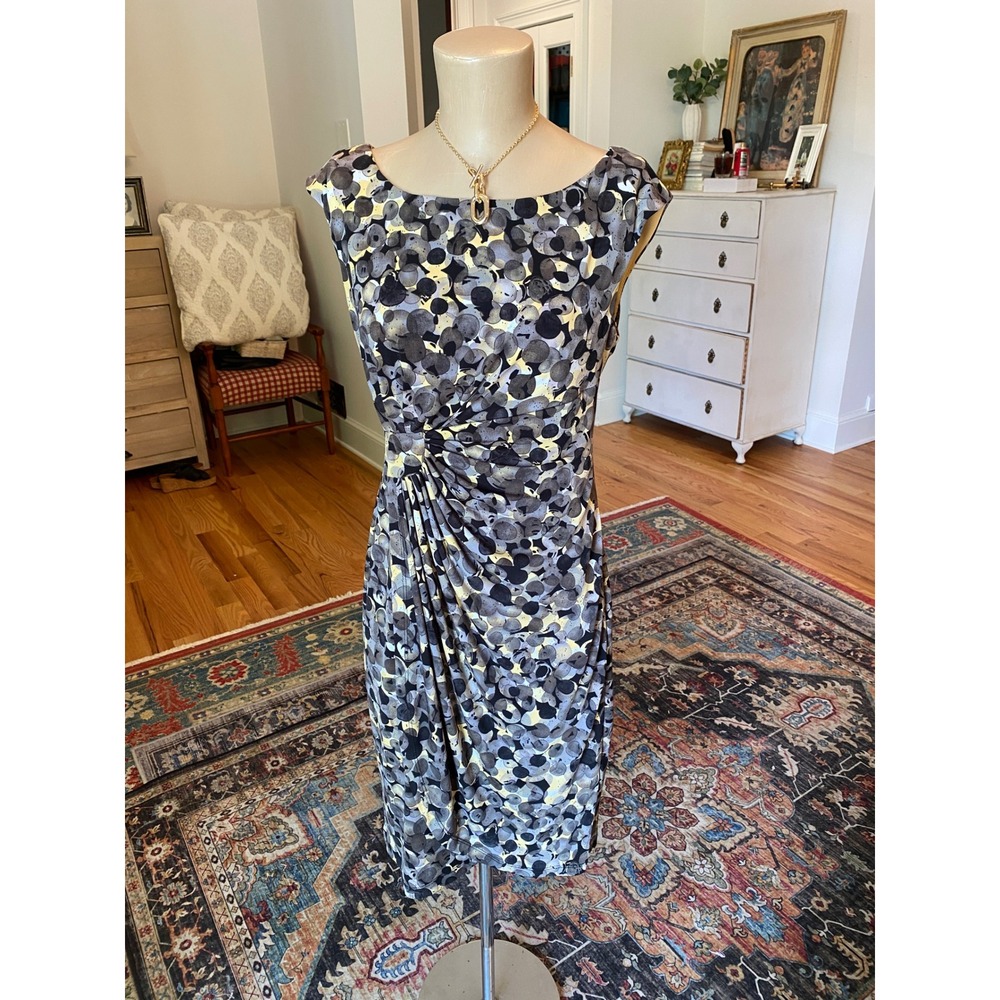 Connected‎ Apparel Grey Yellow Abstract Print Faux Wrap Sheath Dress Size 8